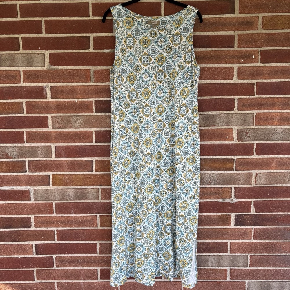 Naturals D&Co Blue Yellow Floral Modest Maxi Dress Sleeveless Pockets L A2731